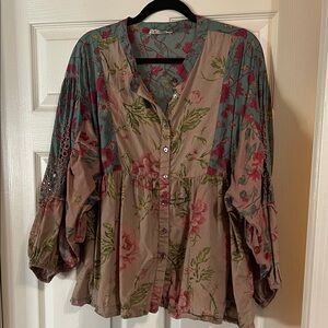 THML Oversized Vintage-Look Floral Top With Cutout Detail on Sleeves